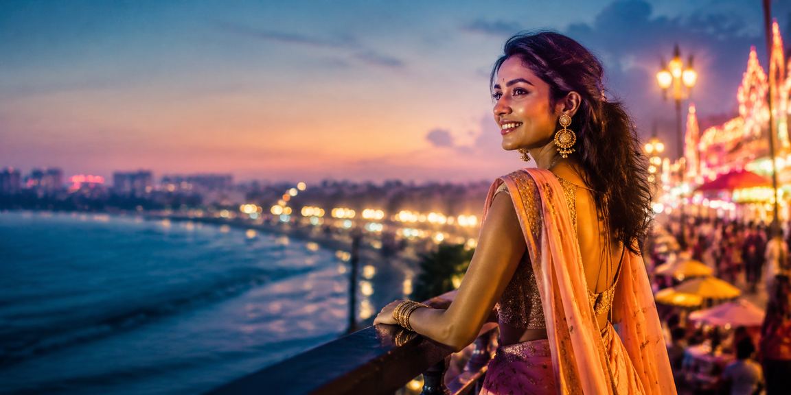 Sports betting scene with vibrant lights at Chennai Marina Beach