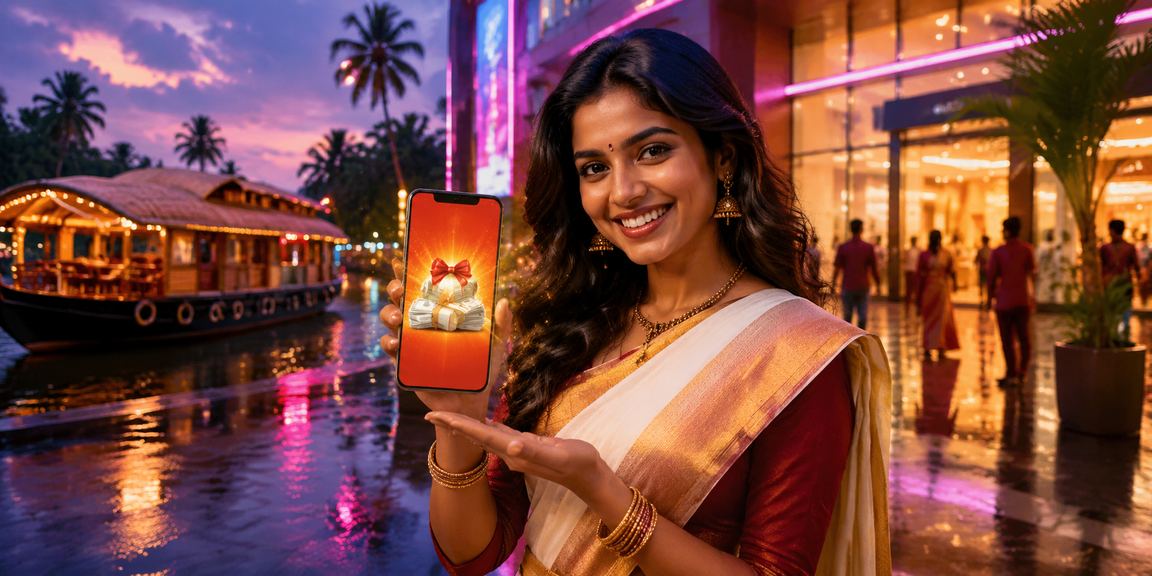 Mobile casino app glowing neon lights at Kerala backwaters